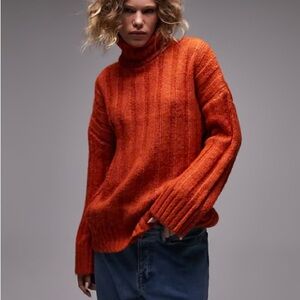 NWOT Topshop knitted roll neck wide rib sweater in rust